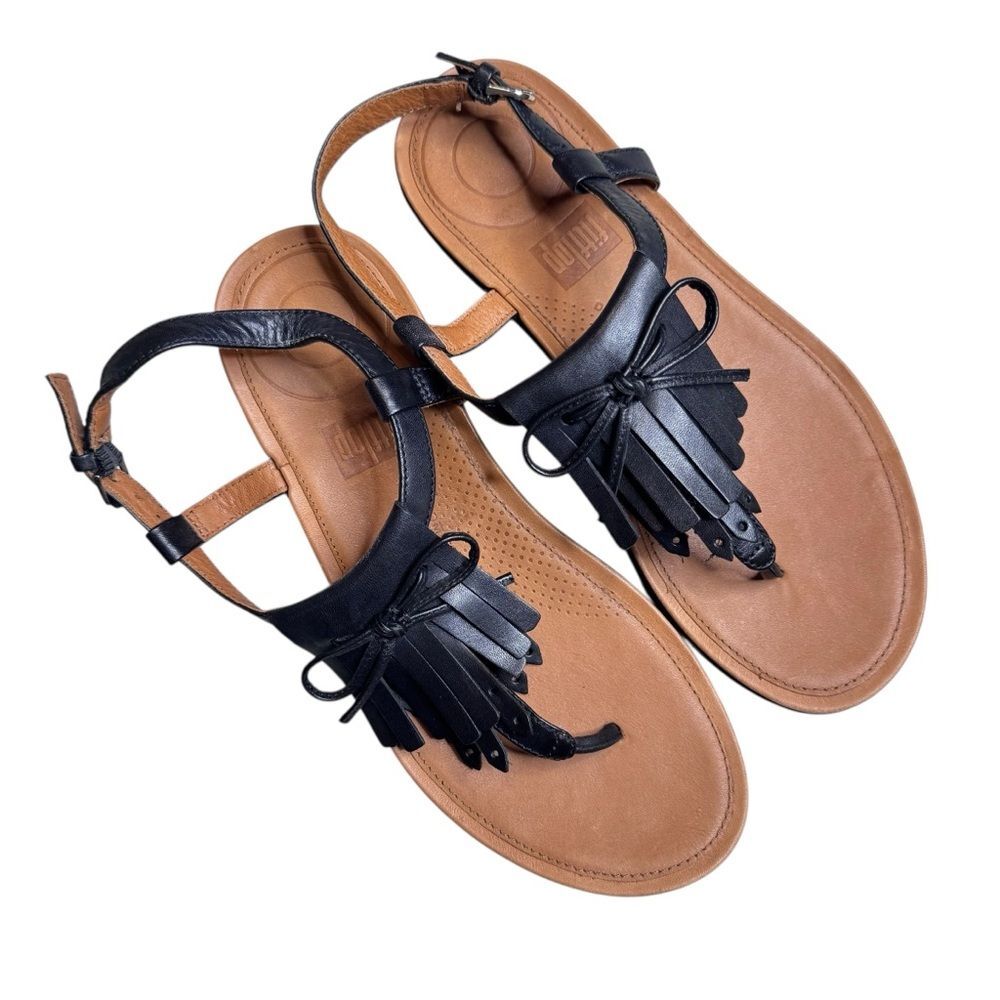 FitFlop Tia Fringe Leather Black Toe Thong Sandals Size 5